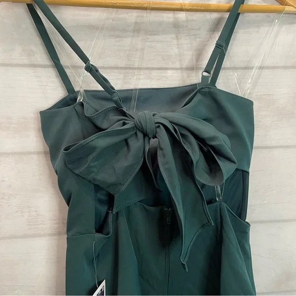 Dear Moon Sleeveless Square-Neck Tie-Back Ruffle-Hem Scuba Dress Green Size 5 - Picture 4 of 9